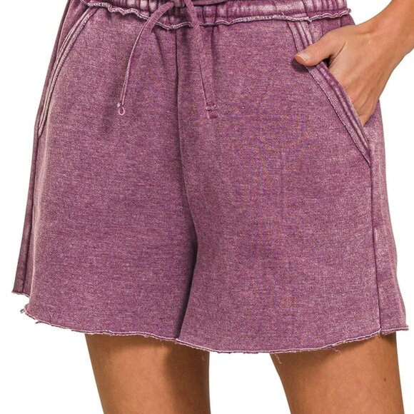 Zenana Acid Wash Fleece Drawstring Shorts With Pockets - Picture 3 of 4